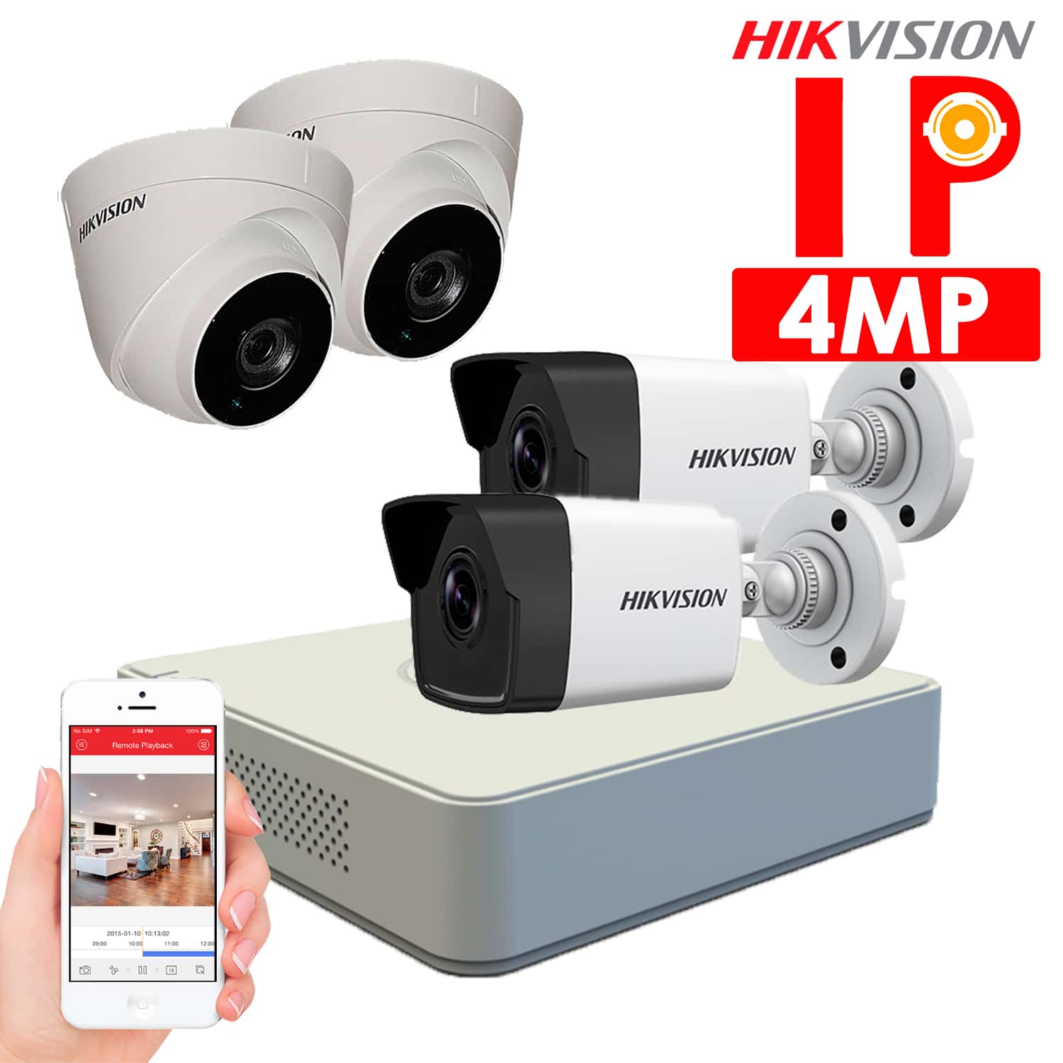 Cámaras de seguridad IP Hikvision – 4 cámaras IP 4Mp – Tubo y Domo – HKIPD-042 – Sistemas de Seguridad en Lima Perú – ALFASEGUR